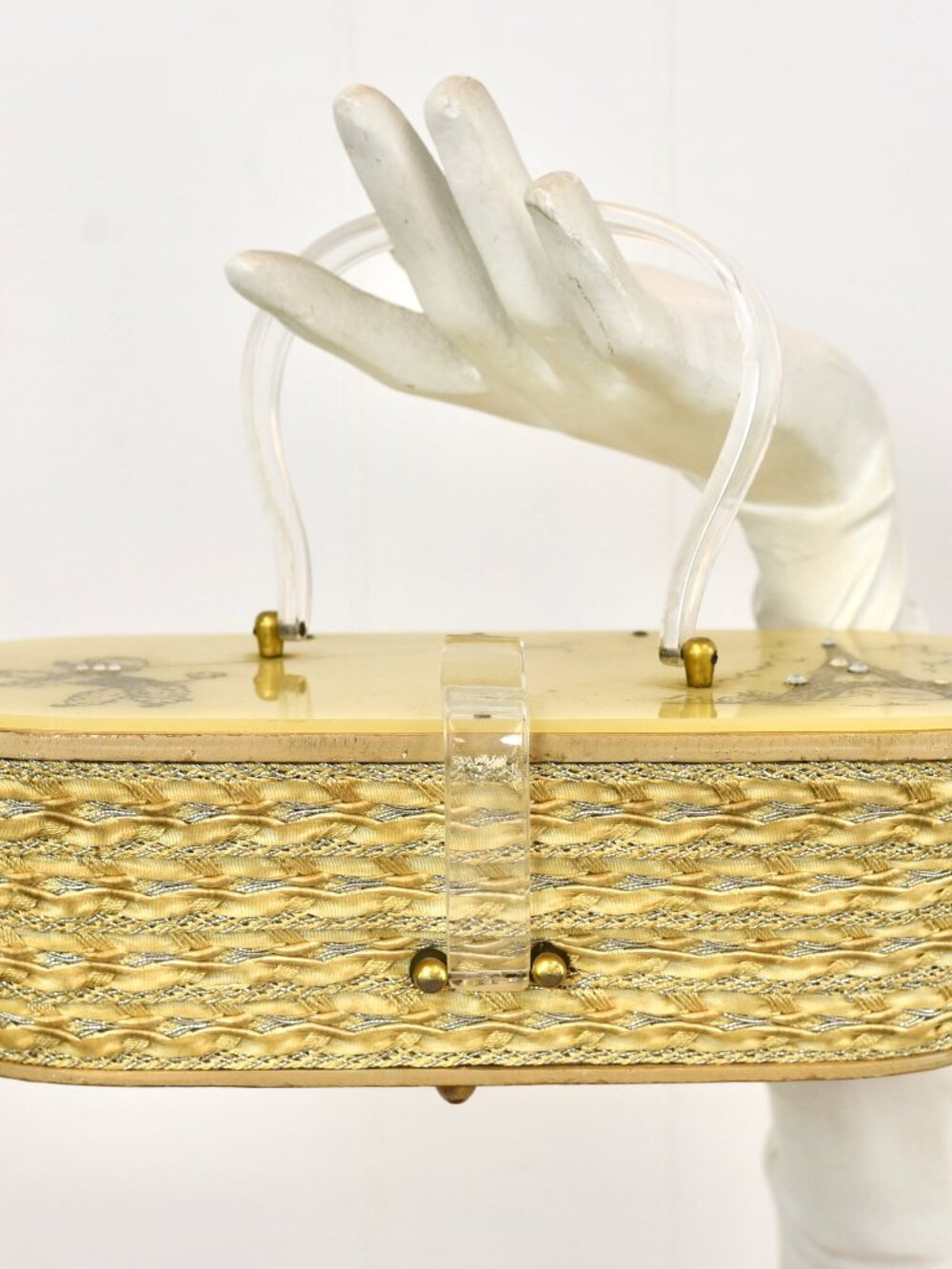 Vintage 1950s Lucite French Poodle Rhinestone Miami Hand Painted Box Purse - Picture 2 of 16